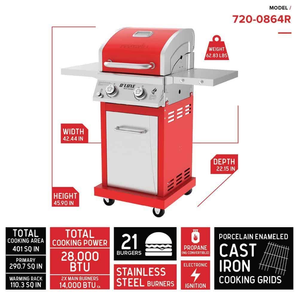 2-Burner Propane Gas Grill, Red �C Stainless Steel, 28,000 BTUs, Compact Design