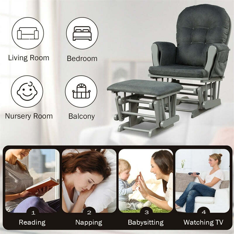 ComfortMax Wooden Glider Rocking Chair with Ottoman & Storage Pocket for Nursery, Supports 396 lbs, Beige