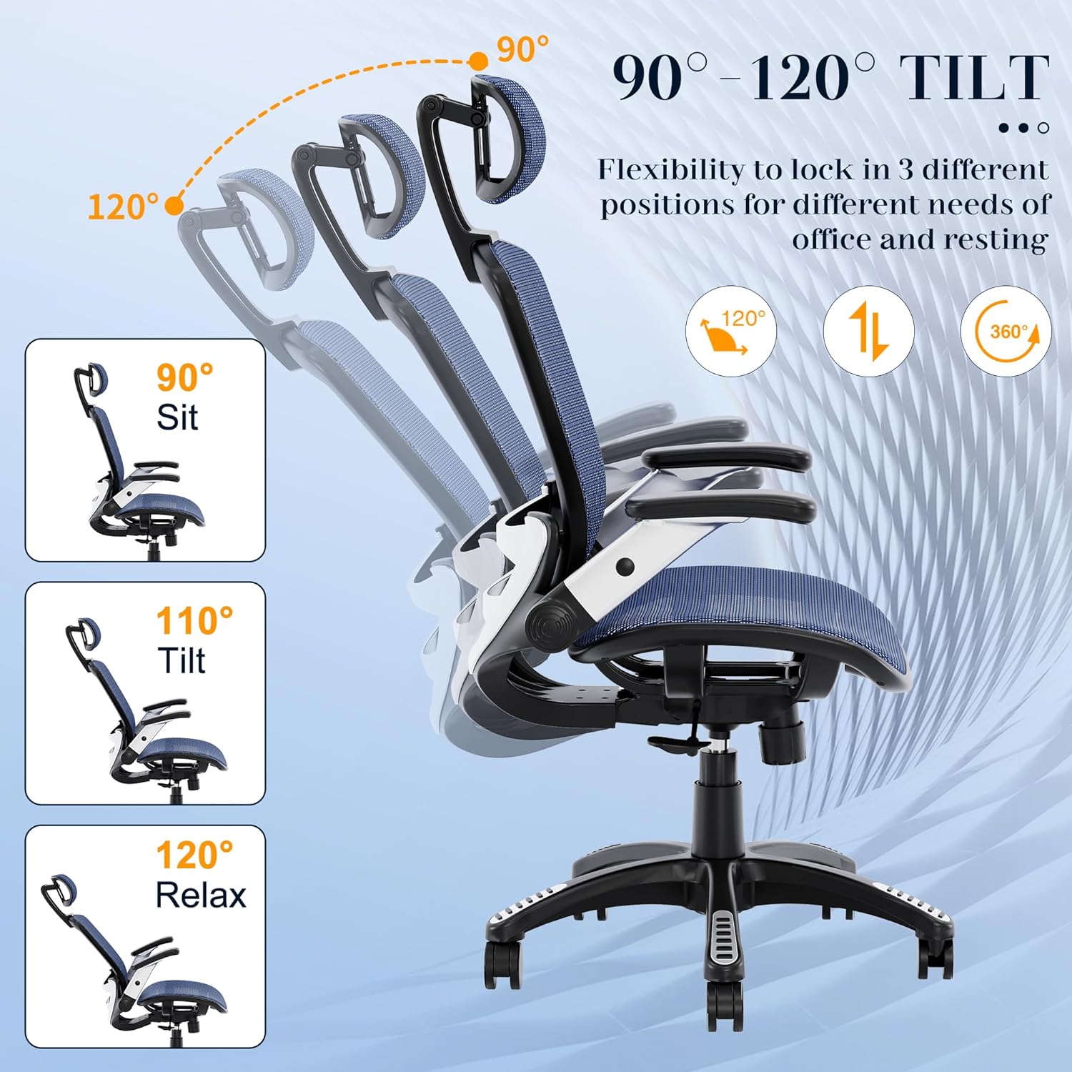 Ergonomic Mesh Office Chair, High Back Desk Chair - Adjustable Headrest with Flip-Up Arms, Tilt Function, Lumbar Support and PU Wheels, Swivel Computer Task Chair