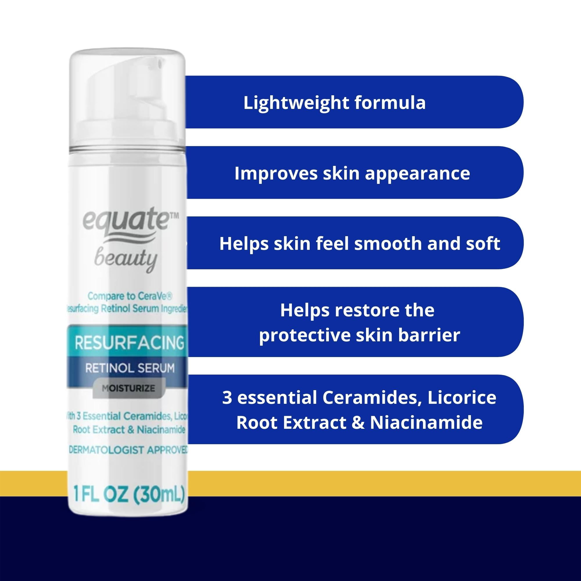 Equate Beauty Resurfacing Retinol Serum 1 oz �C Boosts Collagen, Restores Skin Barrier, Reduces Pores, Dermatologist Approved