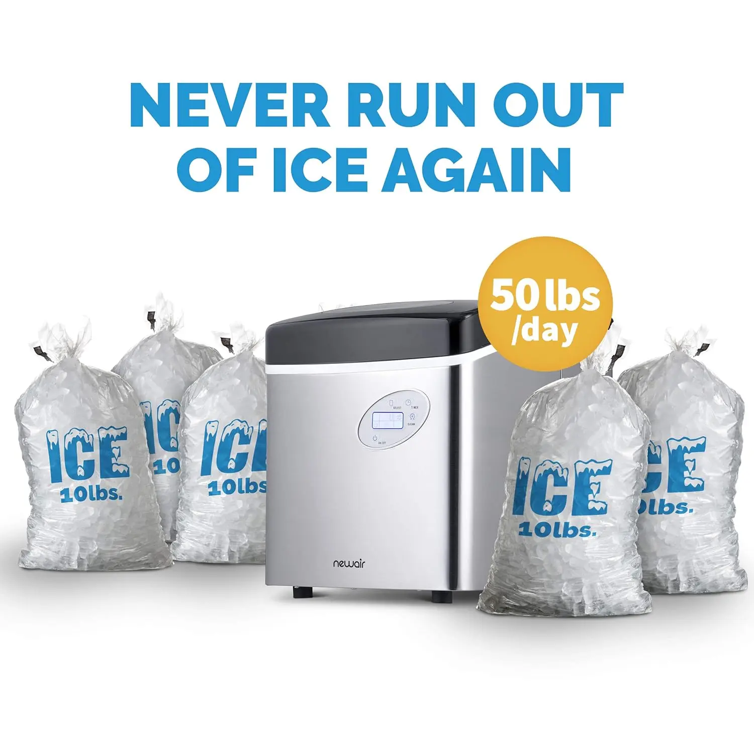 NewAir AI-215SS Portable Ice Maker, 50 lbs/Day, 3 Ice Sizes, Stainless Steel, Compact Countertop for Kitchen/Office/RV/Bar