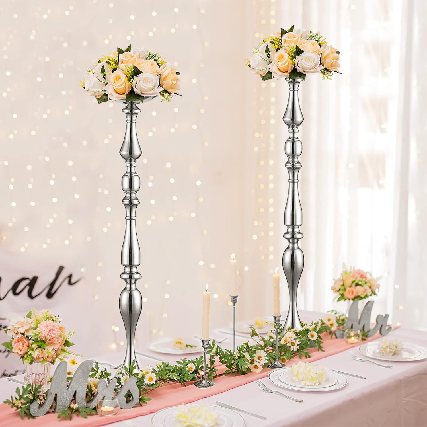 Elegant Silver Metal Wedding Centerpiece Stand 31.5     C Tall Tabletop Decor for Events & Parties