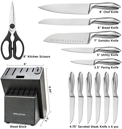 WELLSTAR 14-Piece Rainbow Knife Set, German Stainless Steel with Wood Block & Built-in Sharpener, Colorful Titanium Coating, Includes Chef  s Knife & Scissors