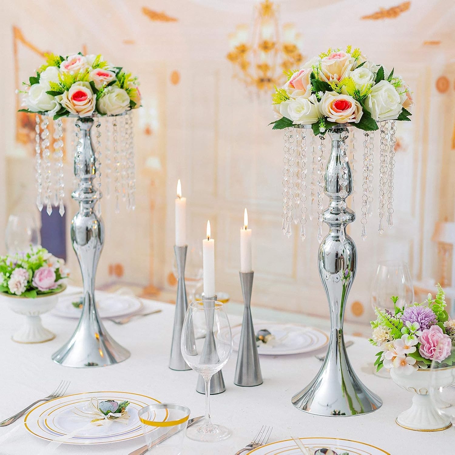 Sziqiqi Gold Metal Crystal Centerpiece Riser, 21.3    Tall, Pack of 10, Elegant Floral Stand for Weddings & Events