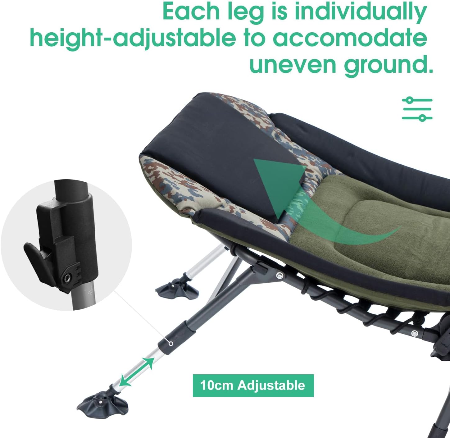 Green Camping Cot with Mattress, Heavy Duty Folding Bed, 330lbs Capacity, Adjustable Reclining Outdoor Lounger, Portable with Carry Bag