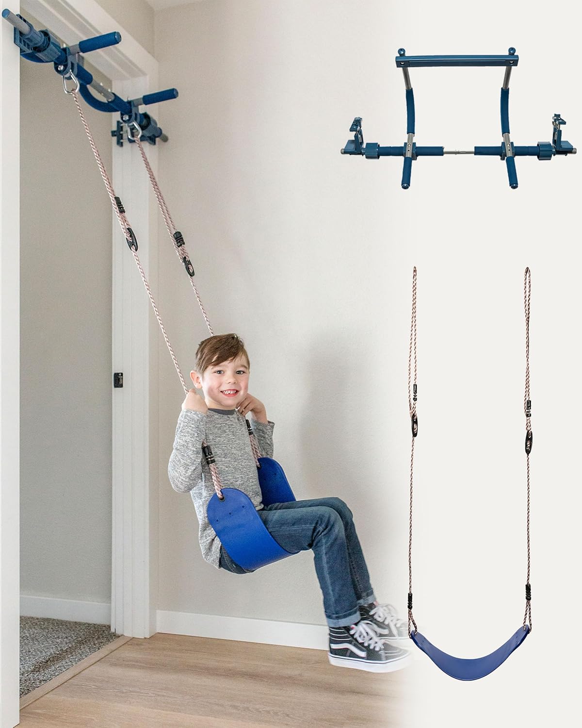 PIPG Indoor Doorway Gym for Kids & Adults  C Blue, Alloy Steel, Includes Pull-Up Bar, Rings, Trapeze, Ladder, Rope, Sensory Swing, 300 lbs Capacity
