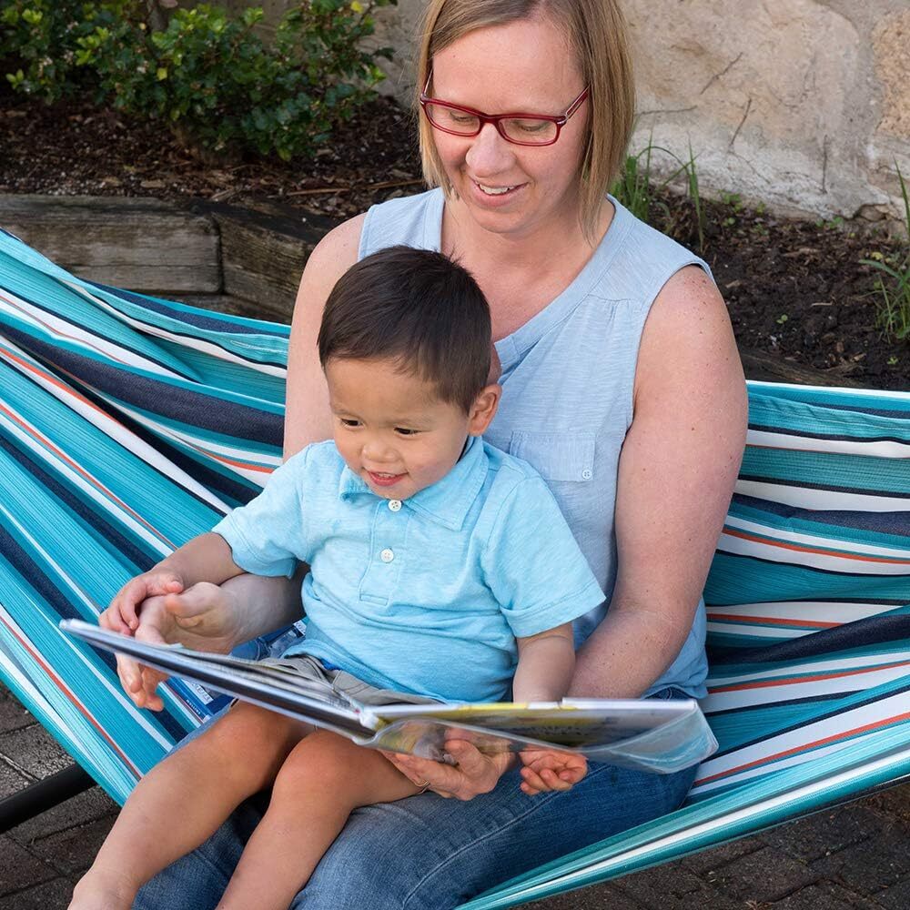 Vivere Double Cotton Hammock with Steel Stand, 450 lb Capacity, Tropical Colors, Includes Premium Carry Bag