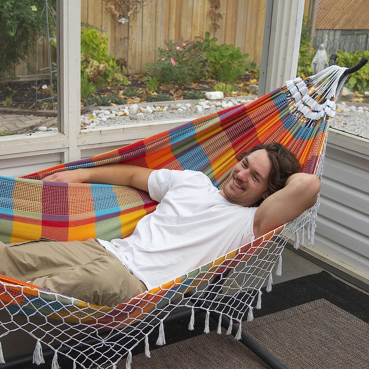 Vivere Double Cotton Hammock with Steel Stand, 450 lb Capacity, Tropical Colors, Includes Premium Carry Bag