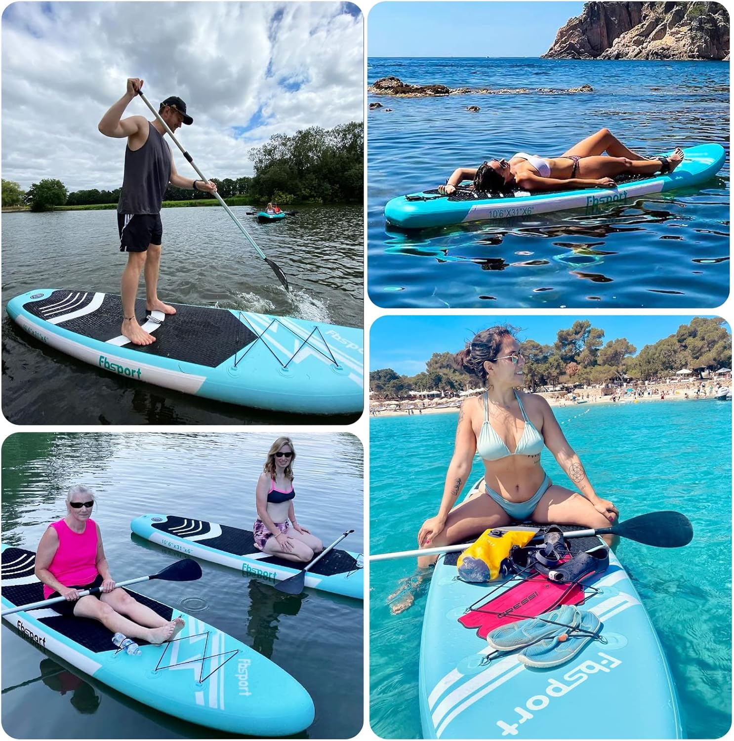 Premium 11FT Inflatable Stand Up Paddle Board, Ice Blue, PVC, Includes Paddle, Leash, Pump & Bag, Supports 350 lbs, for Youth & Adults