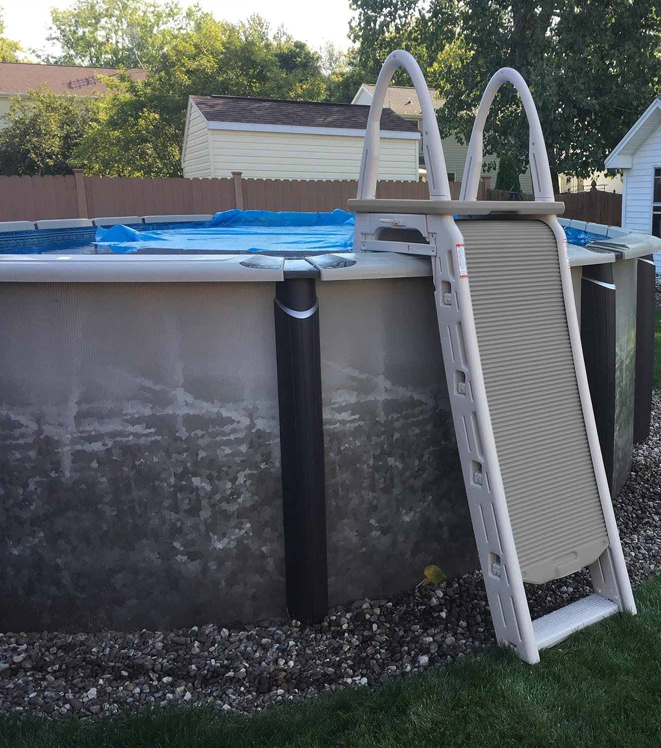 Confer Plastics 7200 Roll Guard 48��� to 56��� Adjustable A Frame Safety Ladder for Above Ground Outdoor Patio Swimming Pool Platform Ladder with Step Barrier, Warm Grey...