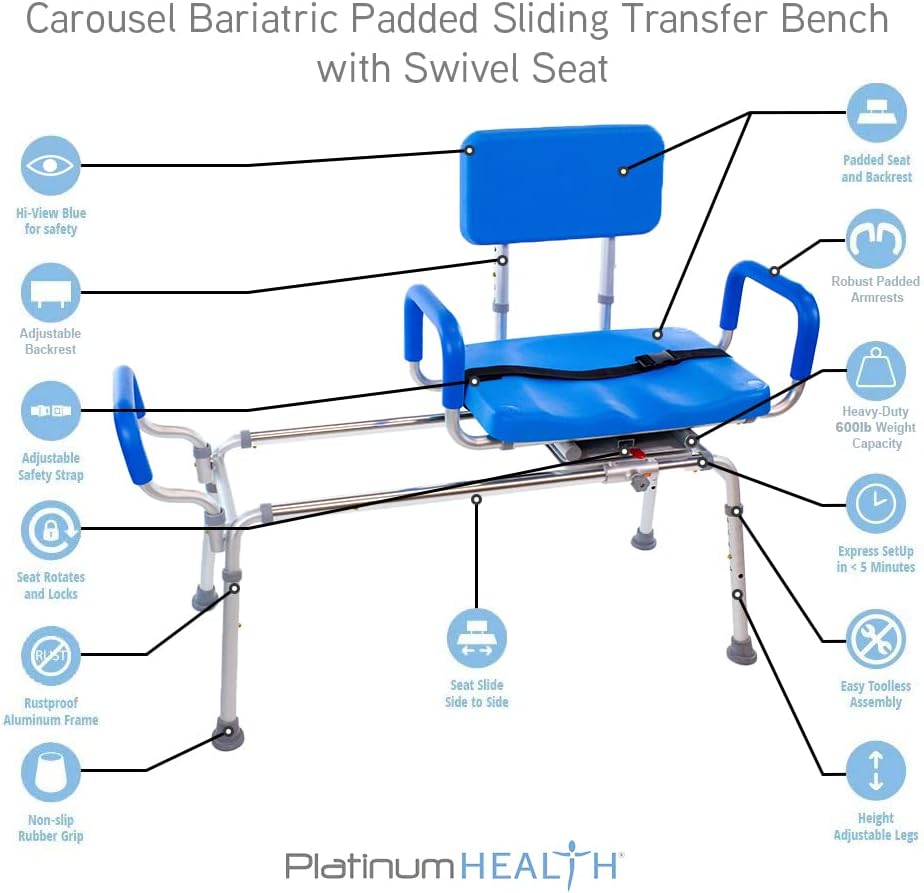 Platinum Health Carousel Sliding Shower Chair, Blue  C Swivel Seat, Padded Arms, Adjustable Transfer Bench for Seniors & Handicap