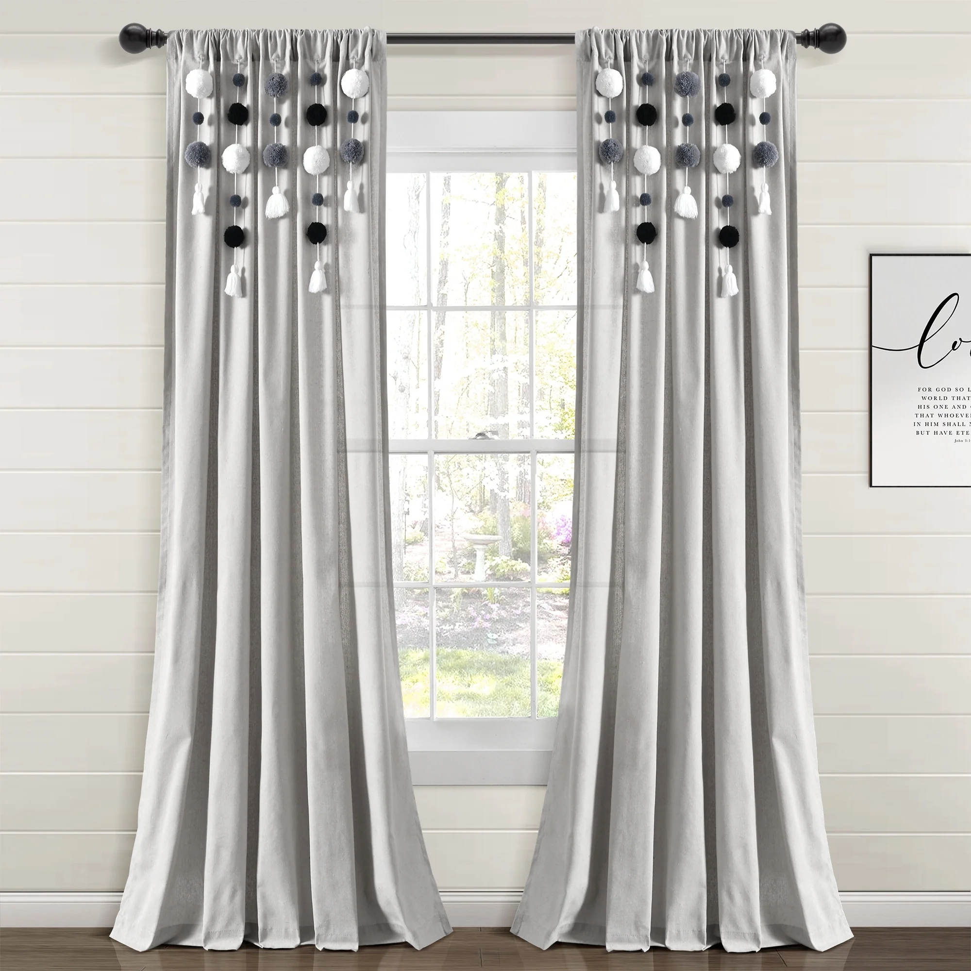 Lush Decor Boho Pom Pom Tassel Linen Window Curtain Panel (Single)
