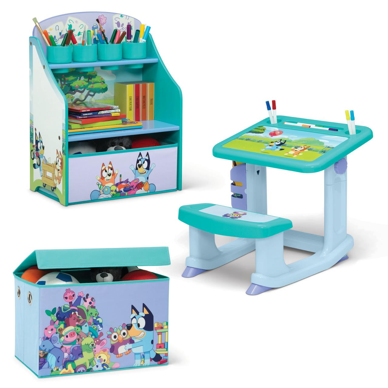 Delta Children Bluey 3-Piece Toddler Room-in-a-Box: Desk, Art & Storage Station, Toy Box