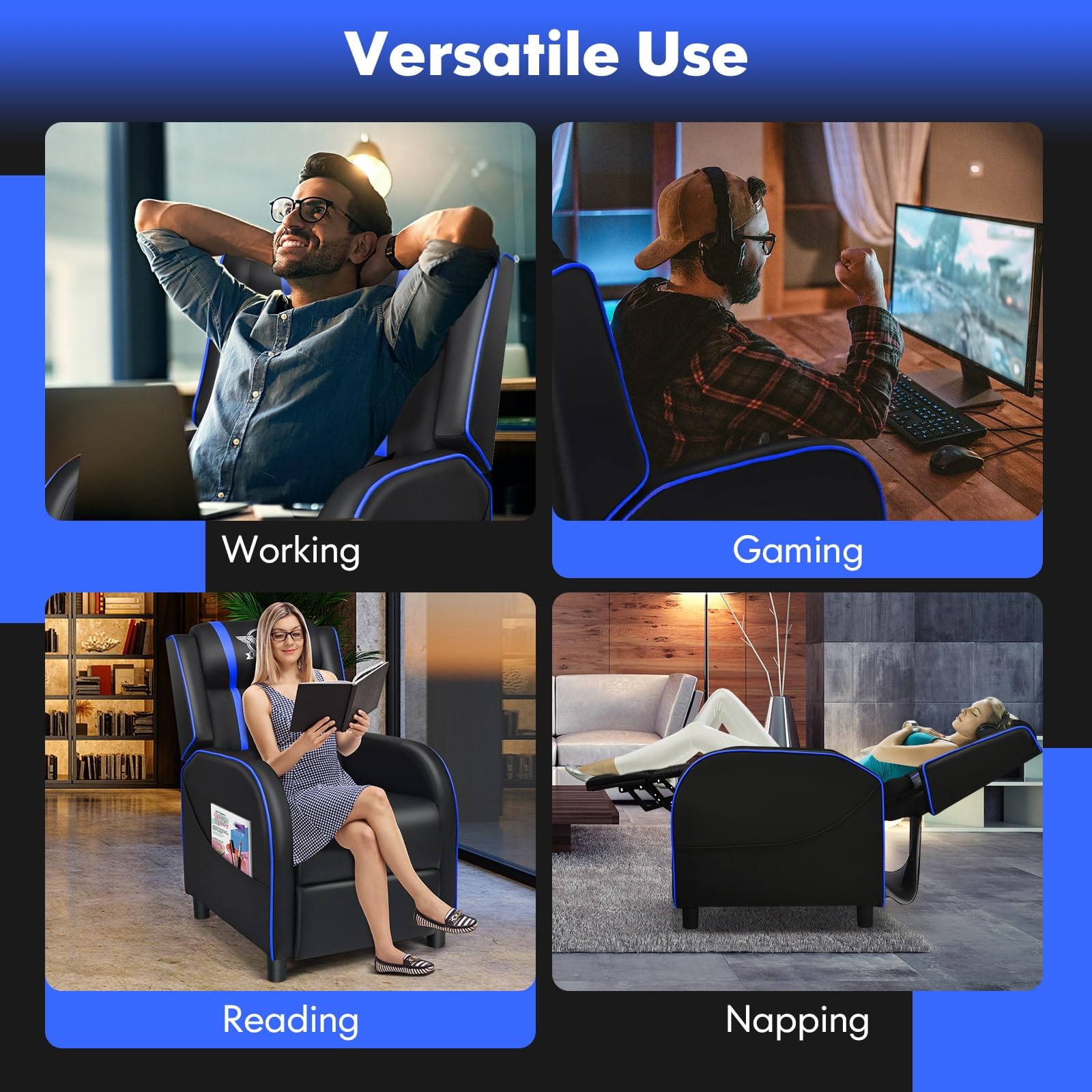 GYMAX Gaming Recliner, Massage Gaming Chair w/Adjustable Footrest, Remote Control & Side Pocket, Ergonomic Game Lounge Chair, Racing Style Single Theater Seat Game Sofa for Adults (Blue)