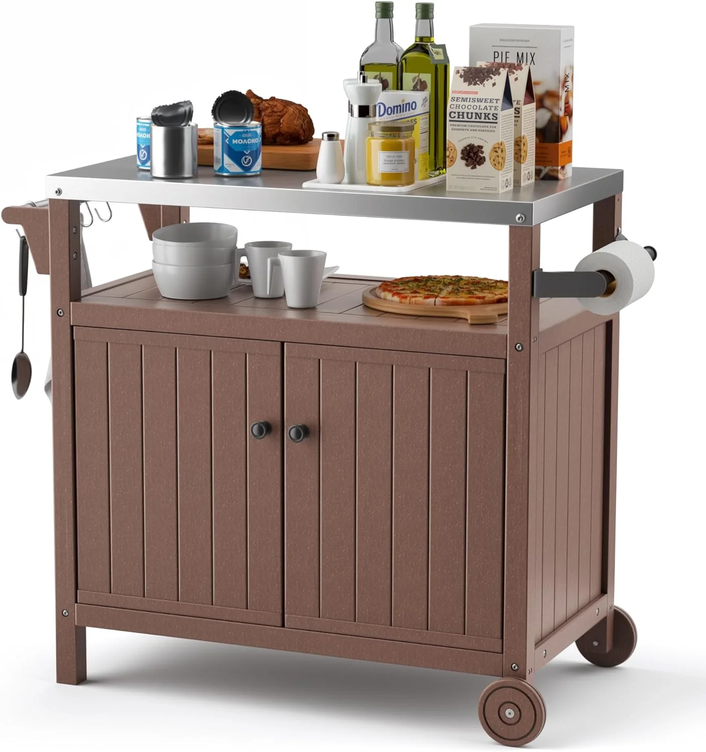Portable Outdoor Grill Prep Table with Storage, Waterproof Grill Cabinet, Stainless-Steel Tabletop Kitchen Island, BBQ Cart with Wheels and Hooks | Brown