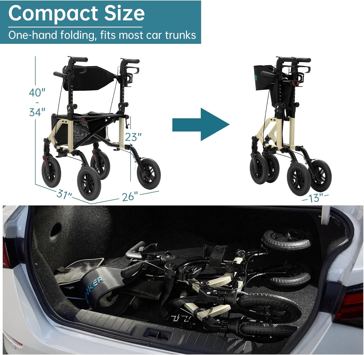 Blue All-Terrain 2-in-1 Rollator Walker & Transport Chair with 10   Non-Pneumatic Wheels, Folding Design, Reversible Backrest & Detachable Footrests for Seniors