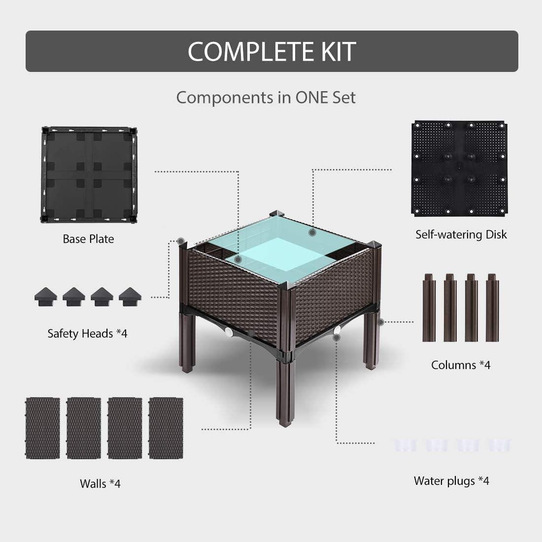 Premium Raised Garden Bed Planter Kit by Elevated �C Set of 4, Self-Watering, Reinforced PP, Rattan Pattern, 19.5���x19.5���, Brown