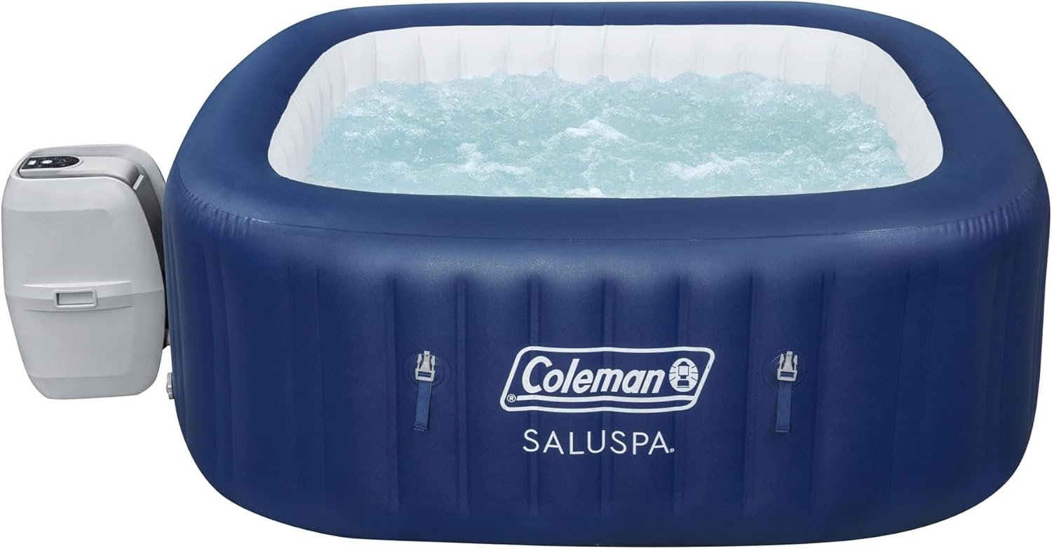 4 to 6 Person Inflatable Hot Tub Square Portable Outdoor Spa with 114 Soothing AirJets and Insulated Cover, Gray-Coleman