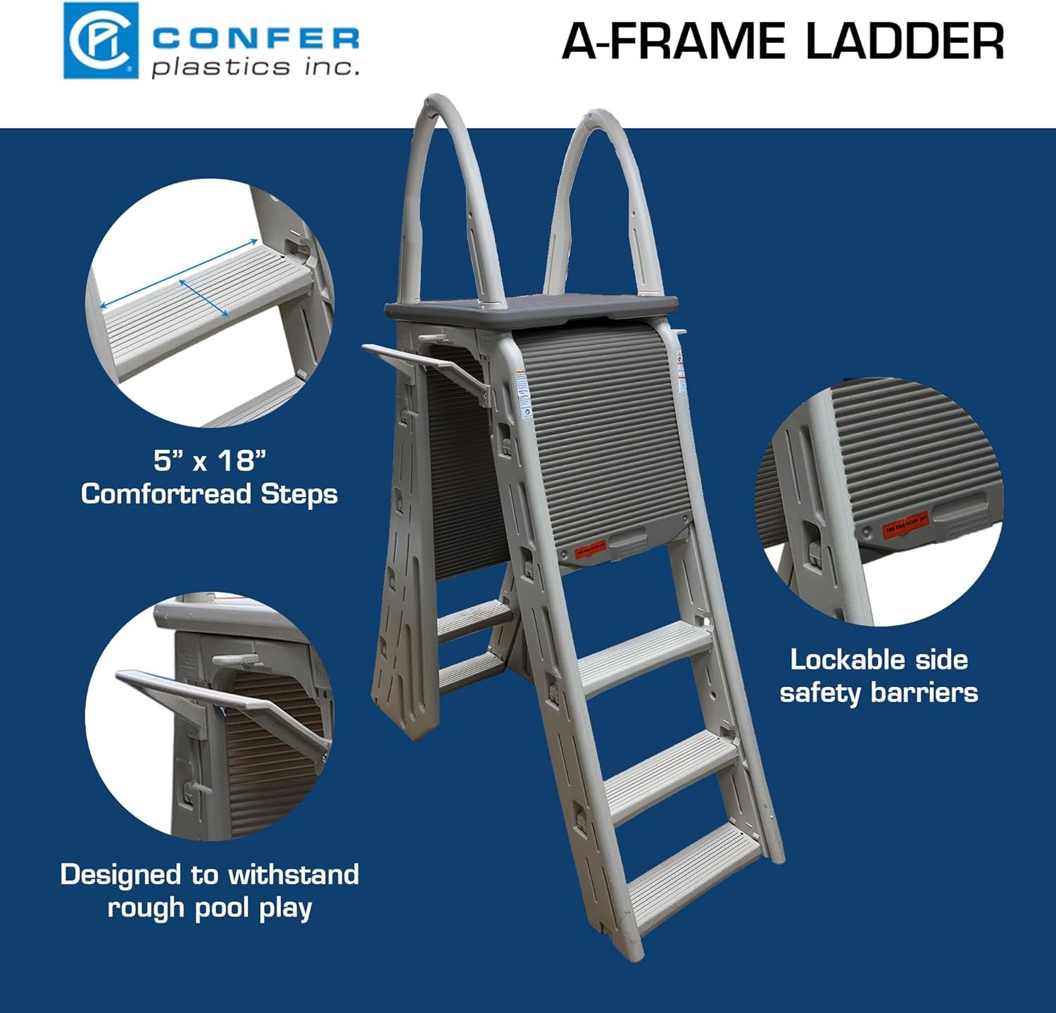 Confer Plastics 7200 Roll Guard 48��� to 56��� Adjustable A Frame Safety Ladder for Above Ground Outdoor Patio Swimming Pool Platform Ladder with Step Barrier, Warm Grey...