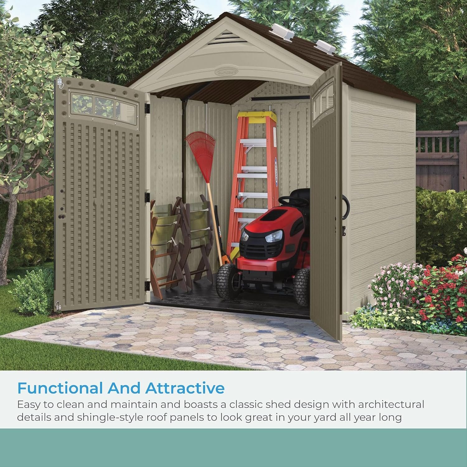 Suncast Vista 7��7 Storage Shed with Multi-Wall Resin Panels, 4 Skylights, IllumiVent System, and Pad-Lockable Doors, 84��� D x 84��� W x 98��� H, Made in The USA