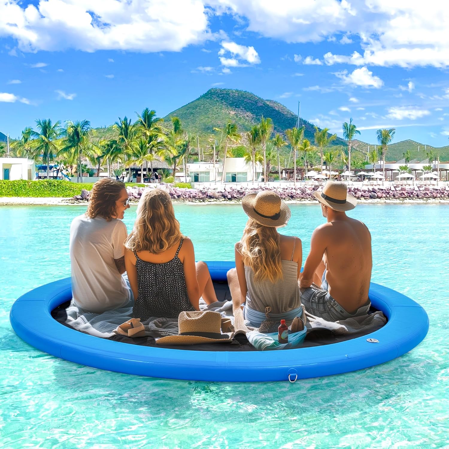 8'x8' Floating Dock, Inflatable Dock,Sunchill Float Ring with 4-inch High-Grade Woven Fabric, Manual Pump for Quick Inflate/Deflate, Fits 4-6, Ideal for Lakes, Pools, Oceans