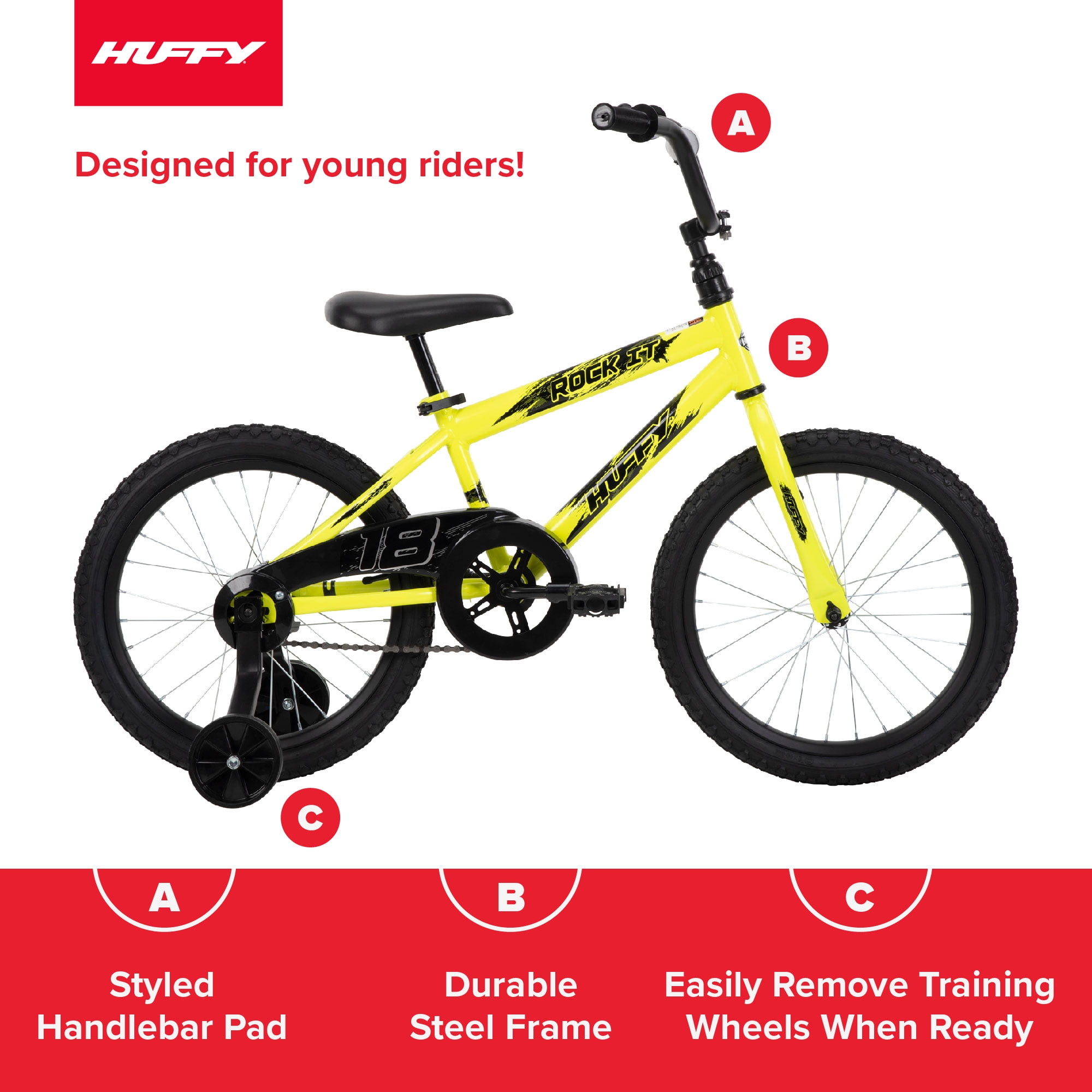 Huffy Rock It 18��� Kids Bicycle, Neon Yellow, Single-Speed, Training Wheels, Ages 5+, Steel Frame