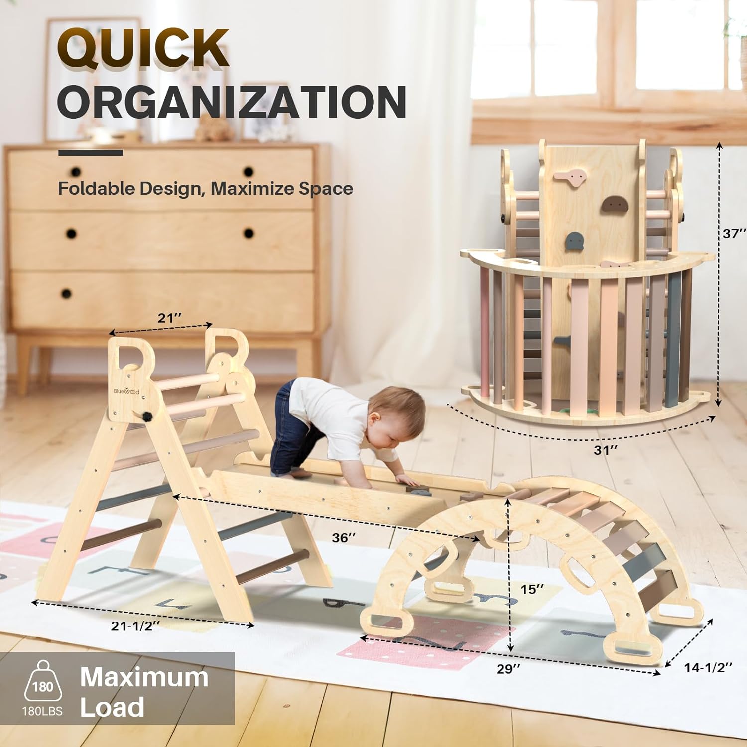 Pikler Triangle Set 7in1 Foldable Baby Climbing Toys Wooden Montessori Climbing Set with Arch&Ramp&Ladder Baby Climber Indoor Jungle Gyms for Toddlers Montessori Toys - Rainbow