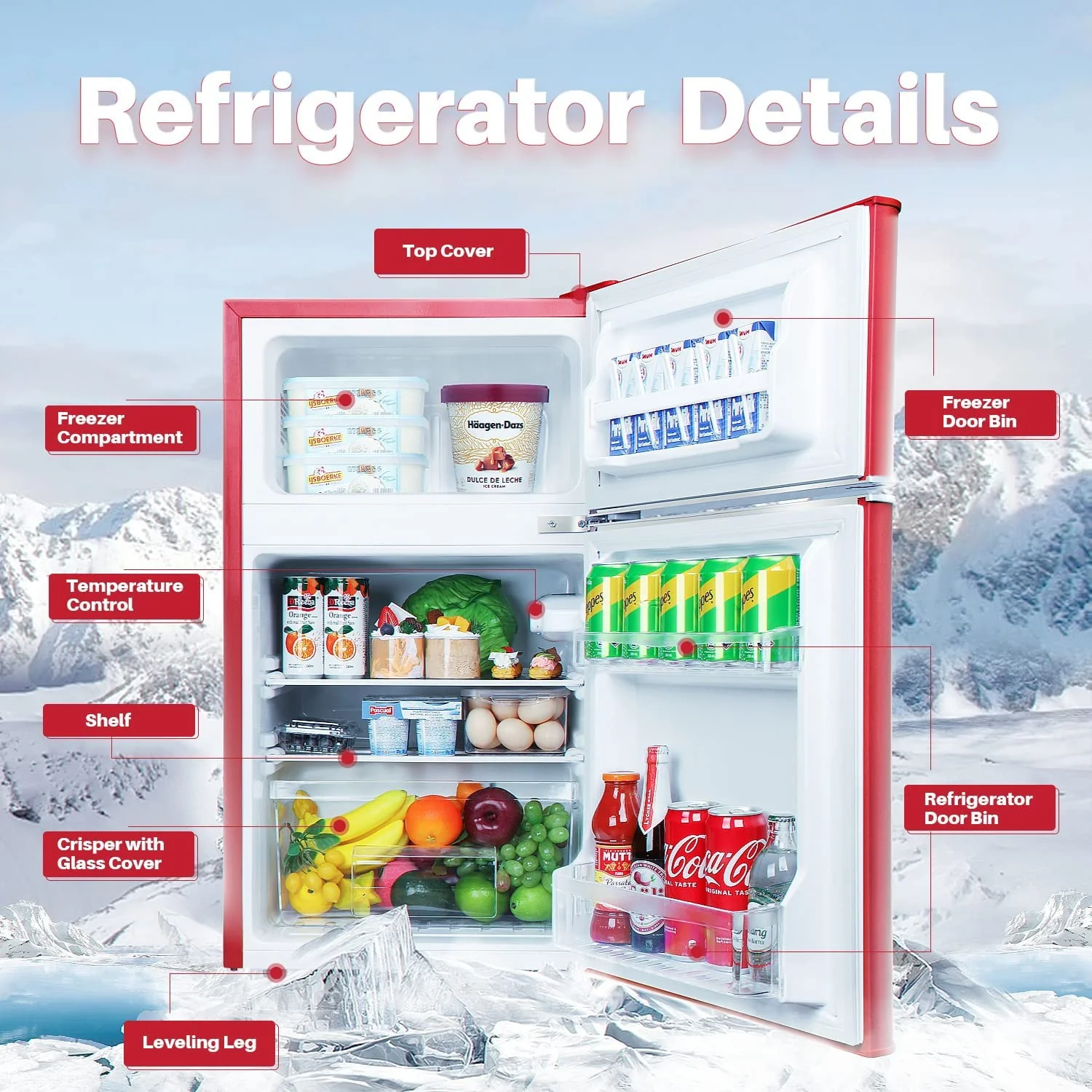 Compact Mini Refrigerator with Freezer, Thermostat Control, Energy Efficient, Double Door, Large Capacity