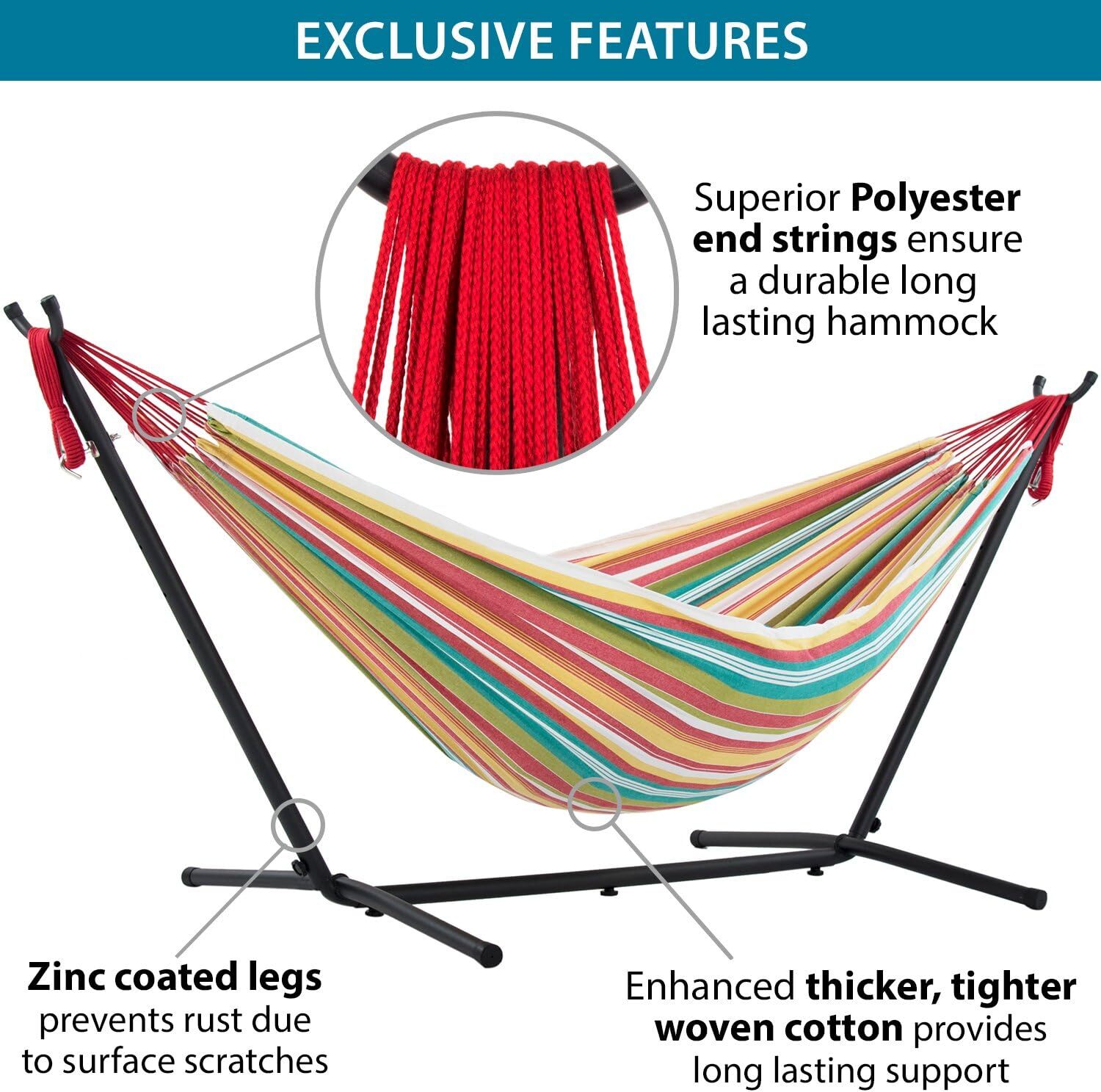 Vivere Double Cotton Hammock with Steel Stand, 450 lb Capacity, Tropical Colors, Includes Premium Carry Bag