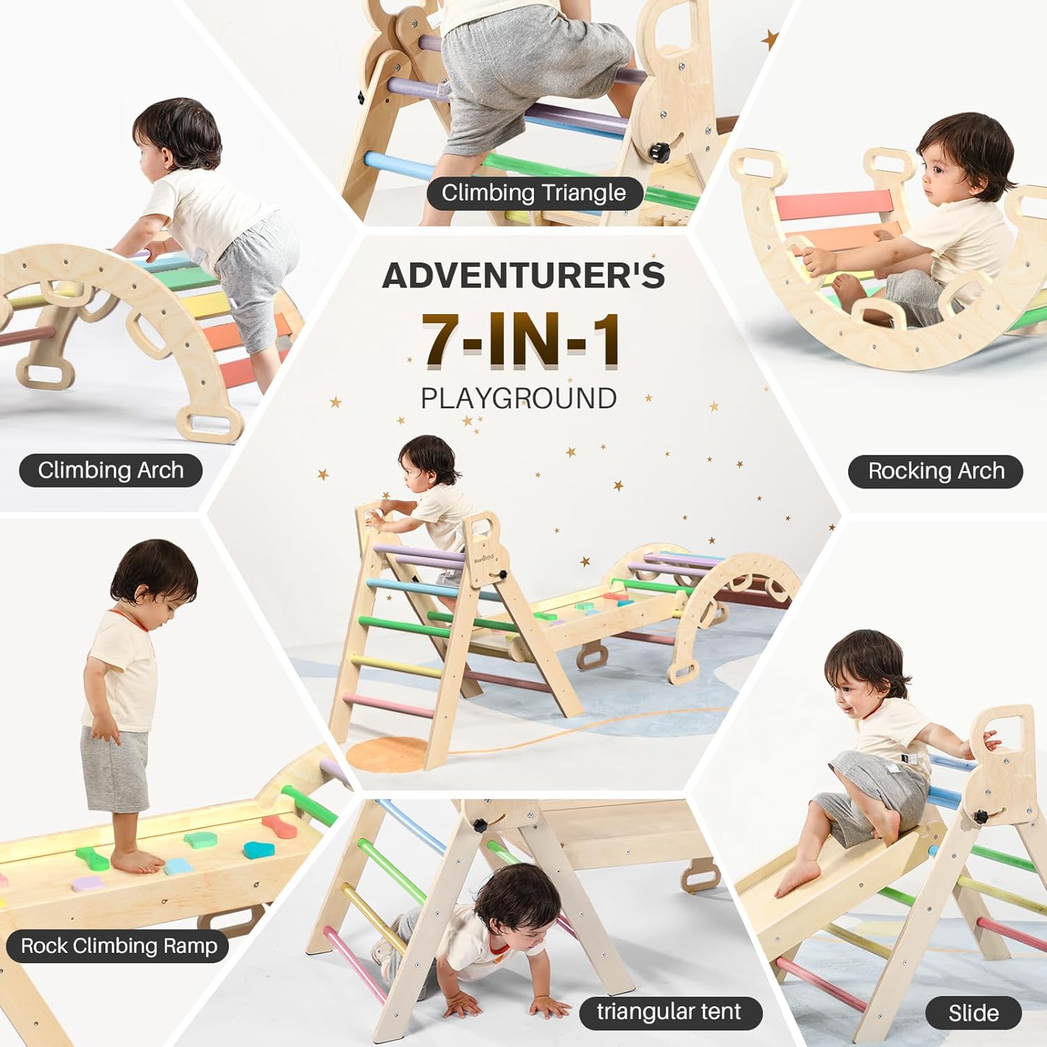 Pikler Triangle Set 7in1 Foldable Baby Climbing Toys Wooden Montessori Climbing Set with Arch&Ramp&Ladder Baby Climber Indoor Jungle Gyms for Toddlers Montessori Toys - Rainbow