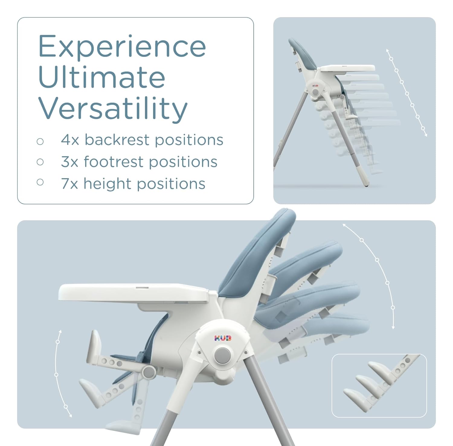 Foldable Baby High Chair with Removable Seat & Tray, Adjustable Height & Recline, Locking Wheels