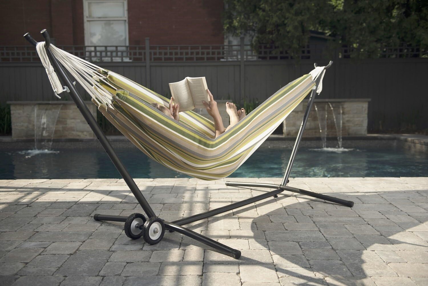 Vivere Double Cotton Hammock with Steel Stand, 450 lb Capacity, Tropical Colors, Includes Premium Carry Bag