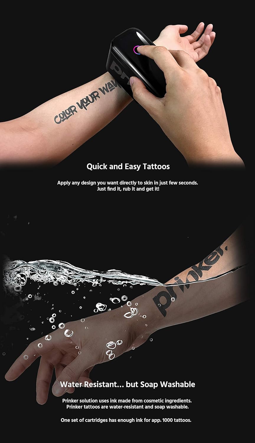 Prinker S Temporary Tattoo Device with Black Ink, Water-Resistant, Compatible with iOS & Android, Includes Battery & Charger