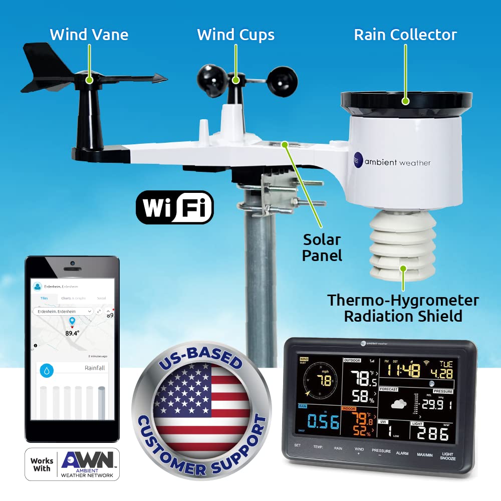 Ambient Weather WS-2000 Solar-Powered Smart Weather Station with WiFi, TFT Display, and Remote Monitoring