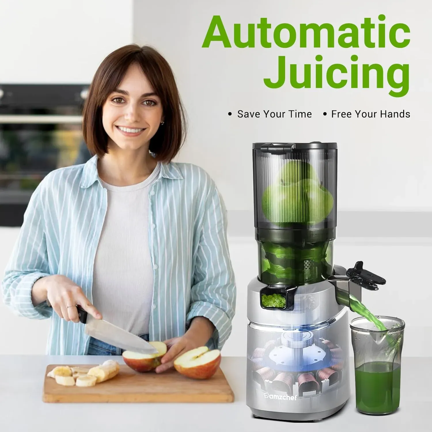 AMZCHEF SJ-036 Masticating Juicer, 250W, Silver, 1.8L Capacity, Self-Feeding, BPA-Free, High Juice Yield, Easy Clean, Cold Press Electric Juicer