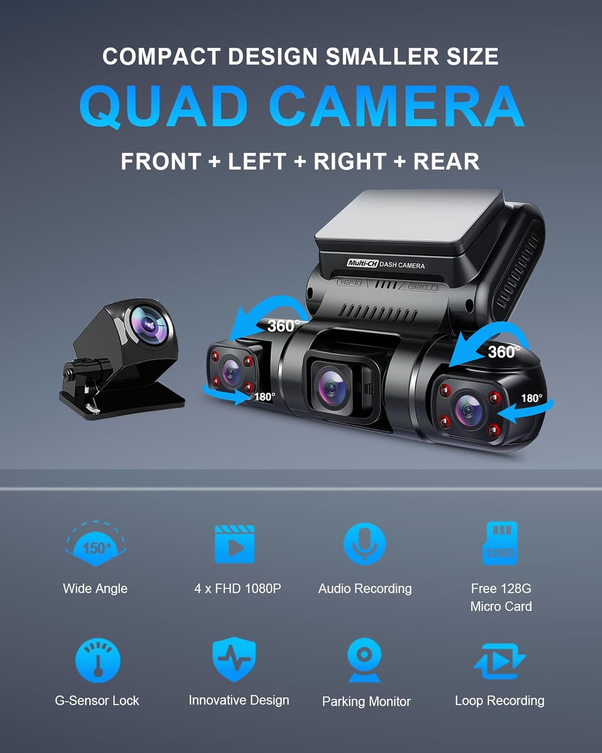 Dash Cam, 4 Channel Dash Camera FHD 1080Px4, Front, Left, Right and Rear, Front and Rear Inside, Built in GPS WiFi, 256 GB Max, Free 128GB Card, D90-4CH-128GB