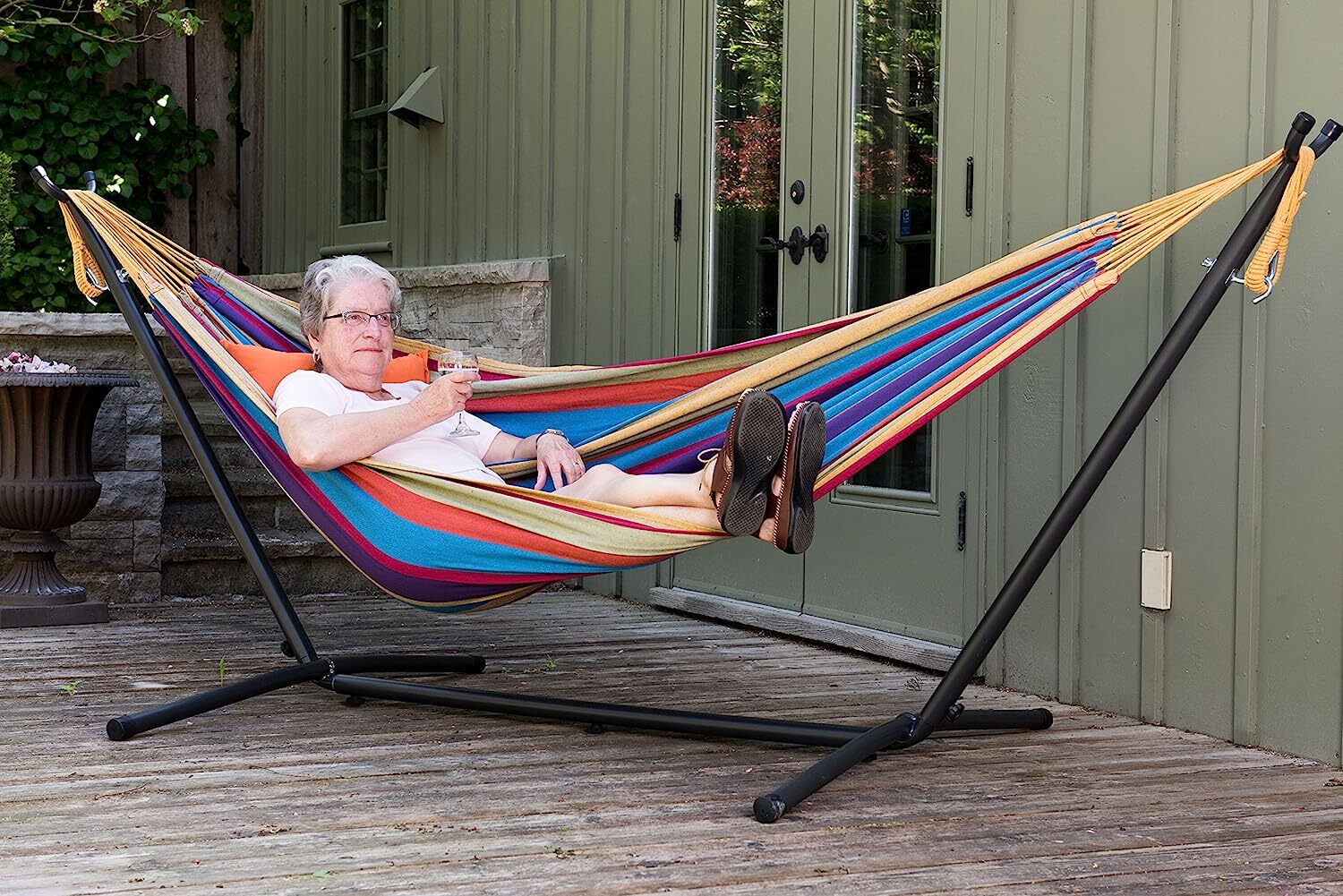 Vivere Double Cotton Hammock with Steel Stand, 450 lb Capacity, Tropical Colors, Includes Premium Carry Bag