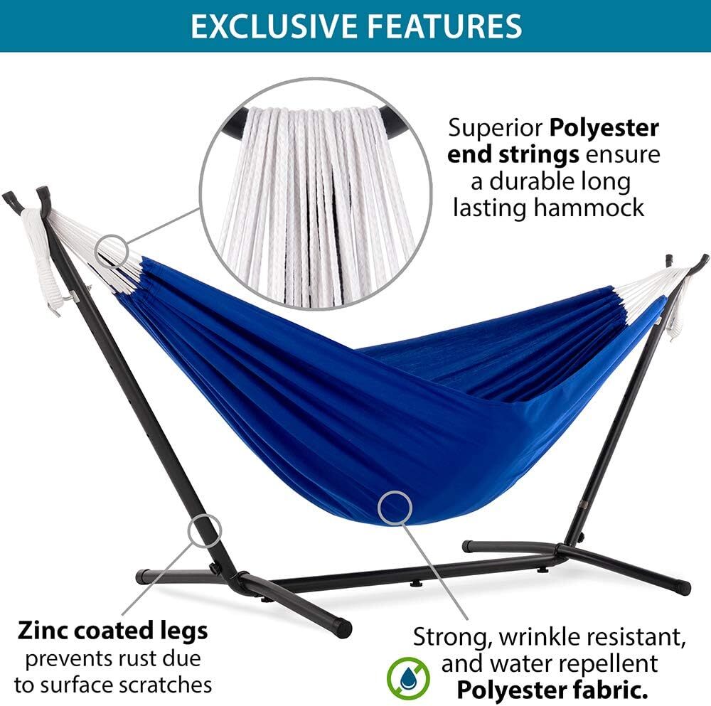 Vivere Double Cotton Hammock with Steel Stand, 450 lb Capacity, Tropical Colors, Includes Premium Carry Bag