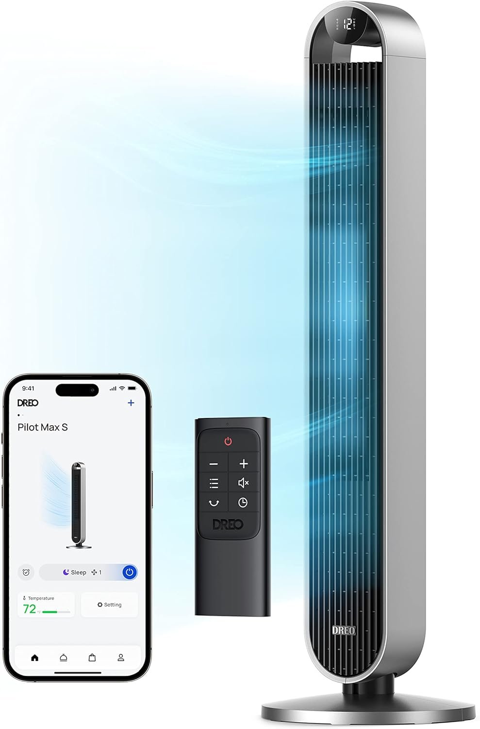 Dreo Tower Fan for Bedroom, 42 Inch 120�� Oscillating Fan, 25dB Quiet DC Motor, 28ft/s Velocity Bladeless Standing Fan with 12 Speeds, 4 Modes, 12H Timer Cooling Fans for Home, Living Room, Pilot Max S