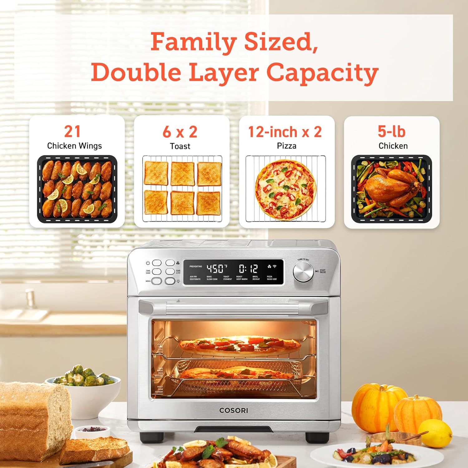 12-in-1 Air Fryer Toaster Oven Combo, Airfryer Convection Oven Countertop, Bake, Broil, Roast, Dehydrate, 134 Recipes & 4 Accessories, 32QT, Silver, Stainless Steel