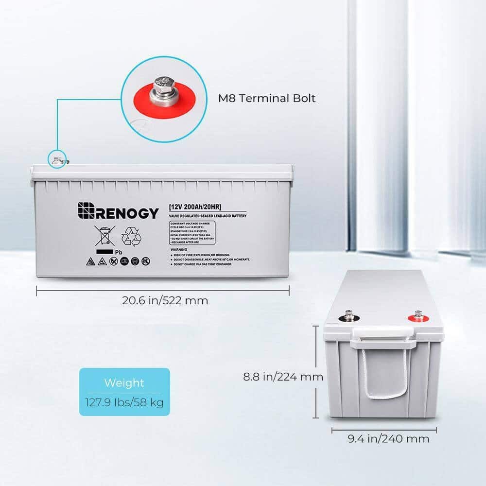 Renogy BATT-AGM12-200 Deep Cycle AGM Battery 12-Volt 200Ah Safe Charge Most Home Appliances for RV, Off-Grid Solar System, Maintenance-Free