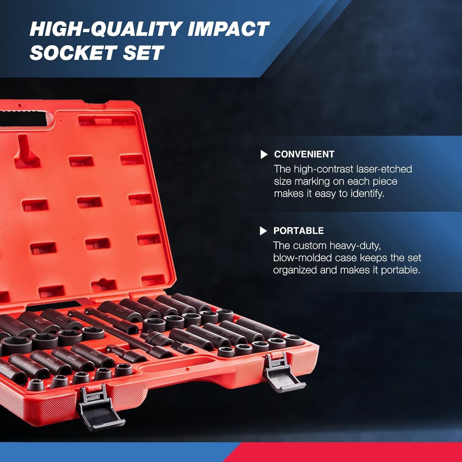 Chrome Vanadium Impact Socket Set 1/2    Drive, 65-Piece, SAE & Metric, Deep & Shallow, Includes Adapters & Ratchet Handle