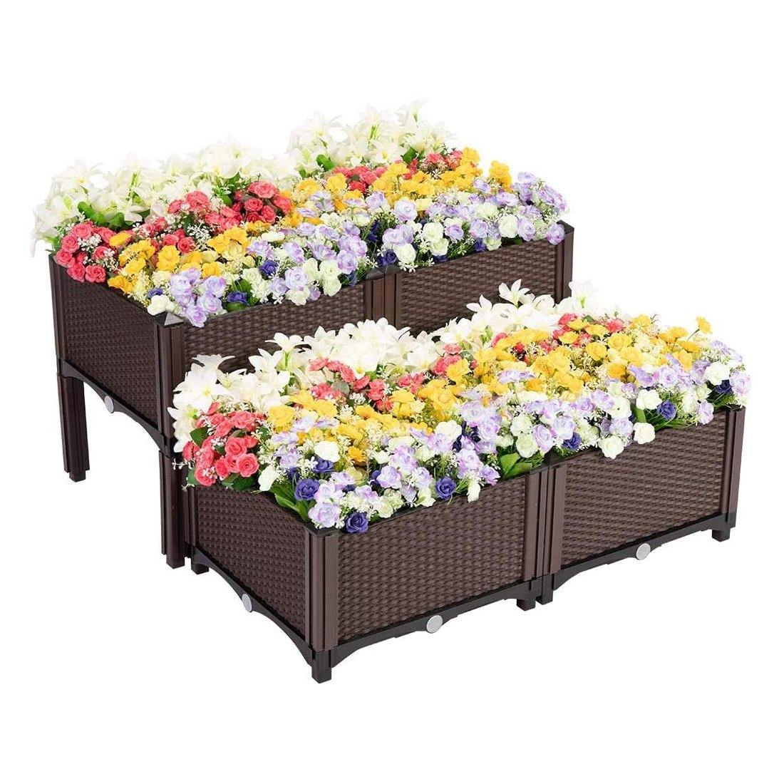 Premium Raised Garden Bed Planter Kit by Elevated �C Set of 4, Self-Watering, Reinforced PP, Rattan Pattern, 19.5���x19.5���, Brown