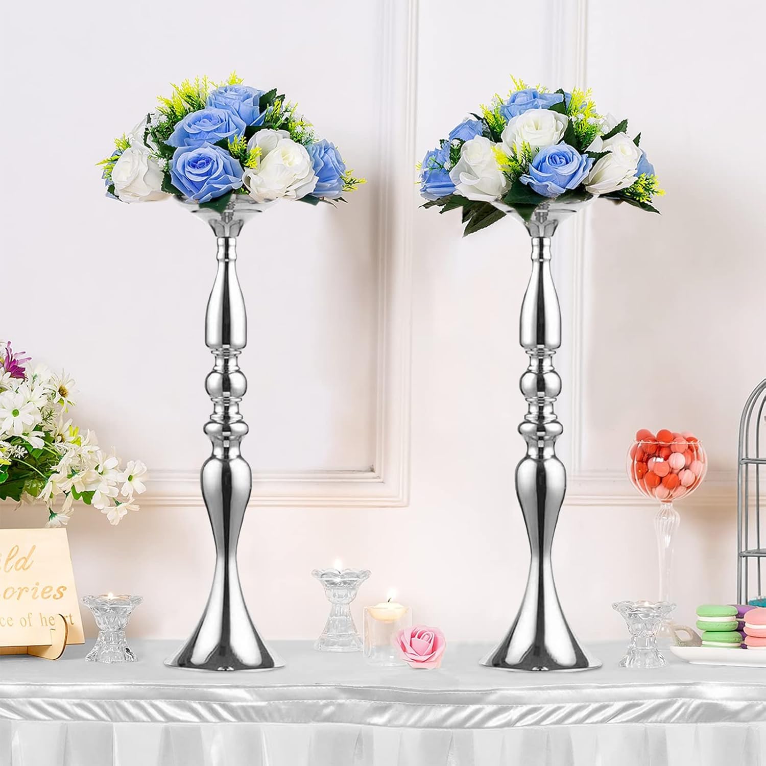 Elegant Silver Metal Wedding Centerpiece Stand 31.5     C Tall Tabletop Decor for Events & Parties