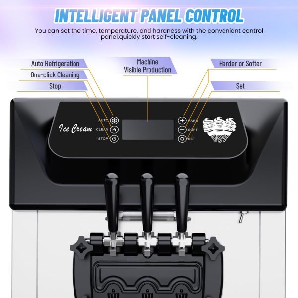 2200W Commercial Ice Cream Machine, 3 Flavor Soft Serve Ice Cream Machine, 5.3-7.4 Gal/Hr, with LCD Touch Screen, Automatic Cleaning, High Productivity for Home Snack Bar & Restaurants