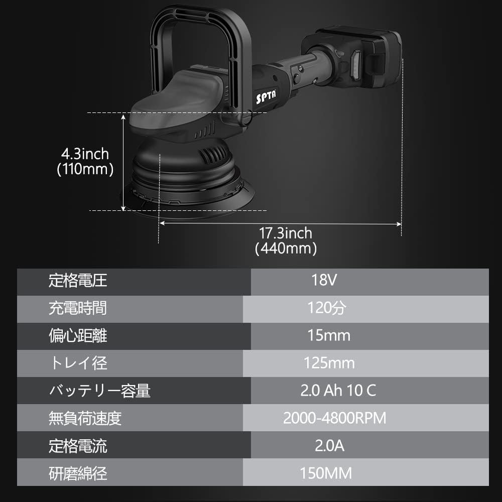 SPTA 18V Cordless Car Polisher Kit, 15mm Orbit, 2000-4800 RPM, 7-Speed, 2 Batteries, 6 Pads, Tool Bag Included