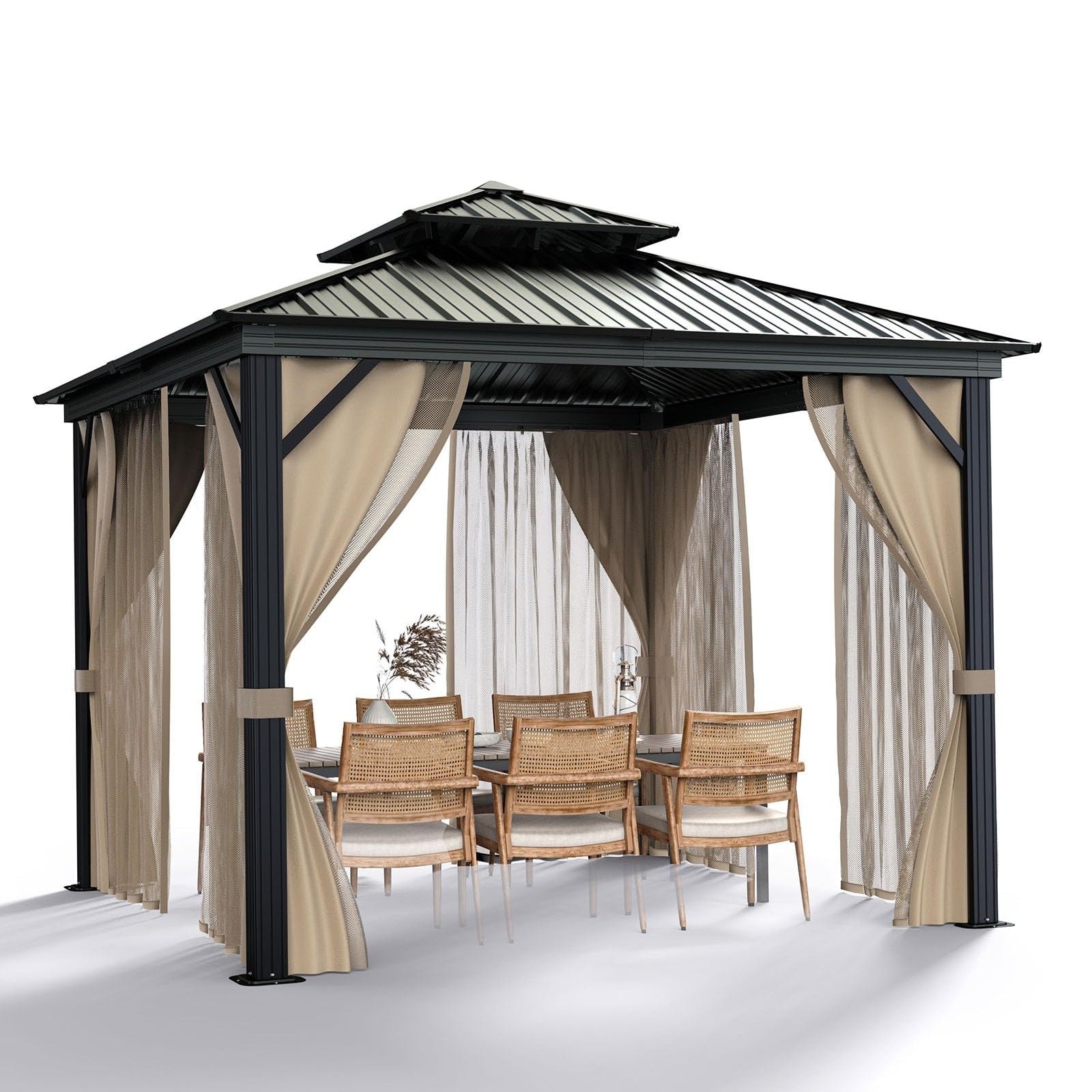 10��x10�� Hardtop Gazebo with double metal roof, aluminum frame, net, and curtain. All-weather, ideal for patio, deck, garden, backyard. Khaki.