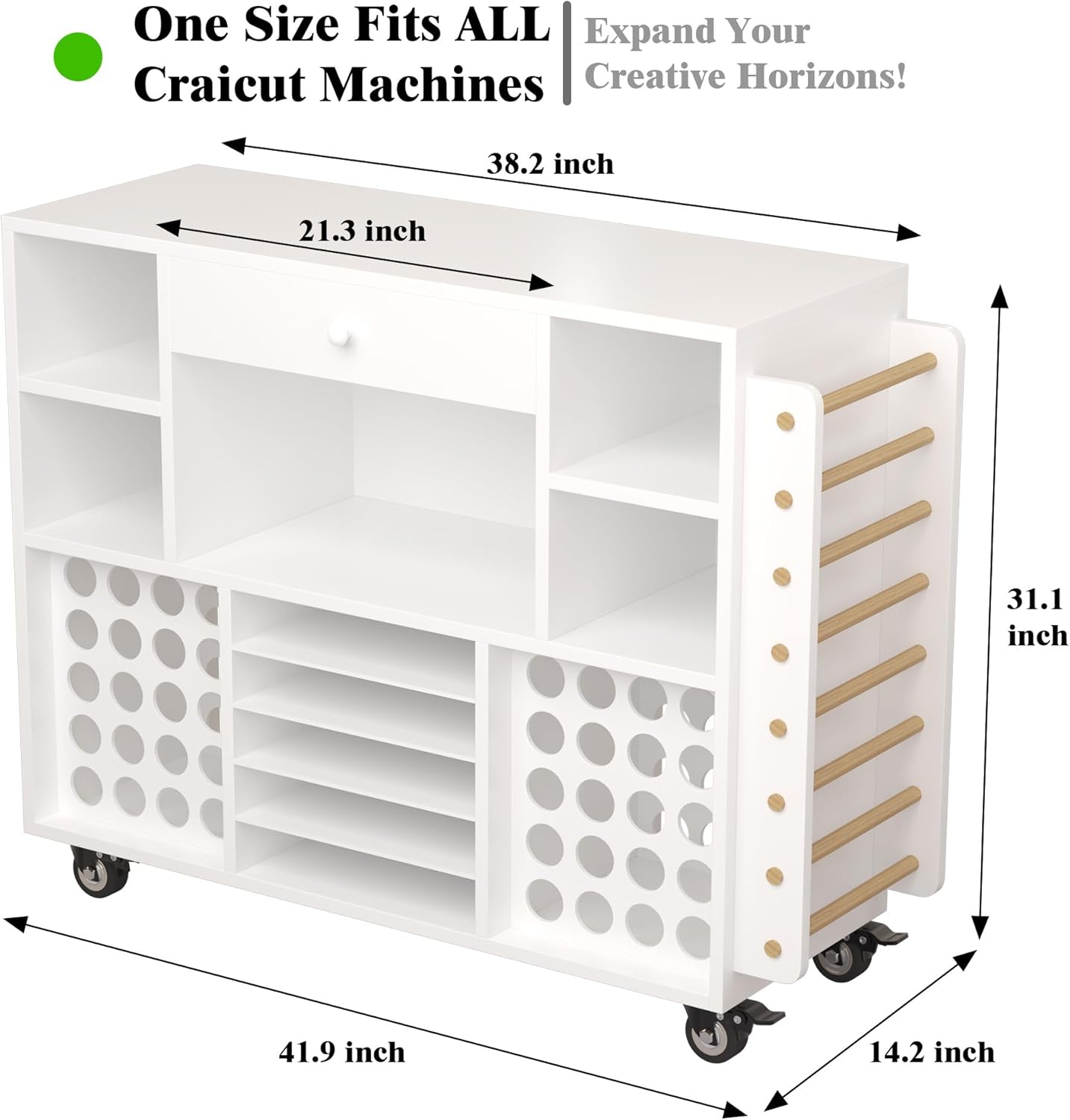 Craft organization and storage Cart Compatible with Cricut Machine, Rolling Craft Organizer With large drawer & 48 Vinyl Roll Holder, Crafting Cabinet Table Workstation for Craft Room Home