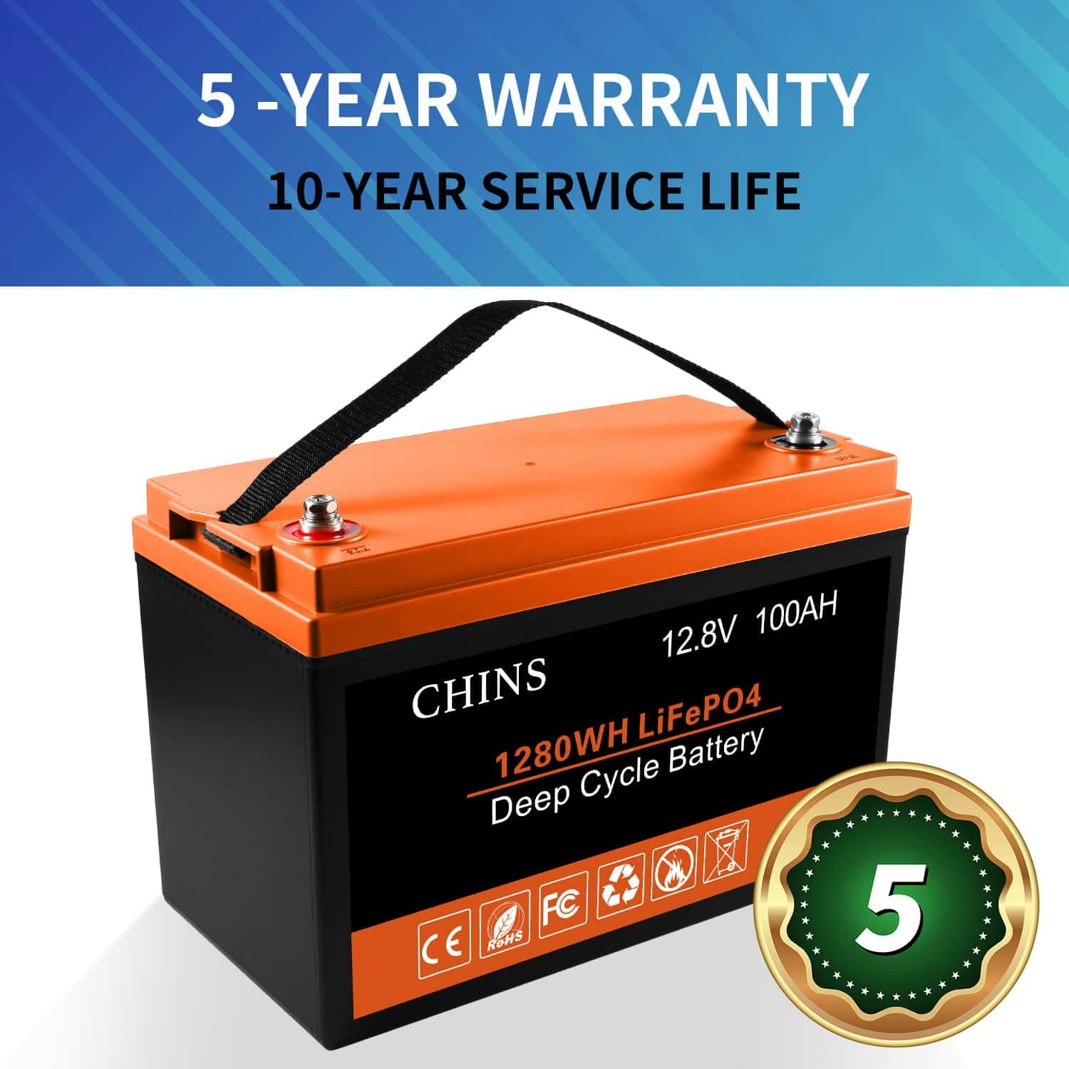 CHINS LiFePO4 Lithium Iron Battery 12V 100Ah for Boat Fishing