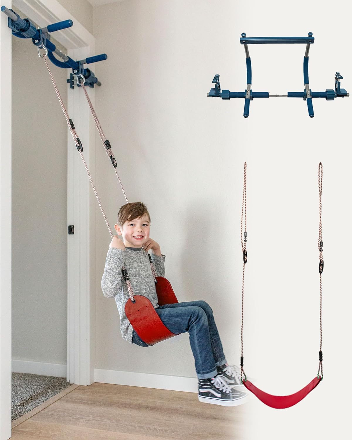 PIPG Indoor Doorway Gym for Kids & Adults  C Blue, Alloy Steel, Includes Pull-Up Bar, Rings, Trapeze, Ladder, Rope, Sensory Swing, 300 lbs Capacity